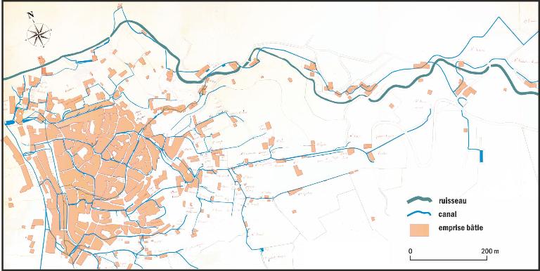 Plan distributif des eaux de la Foux, d'après la carte (1809/1833) dressée par Jacques Quine