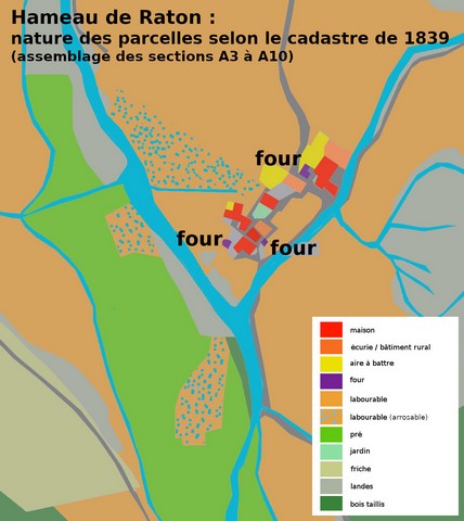 Raton. Natures des parcelles en 1839, reportées sur le cadastre de 1839 (section A4). Echelle d'origine 1/2 000e.
