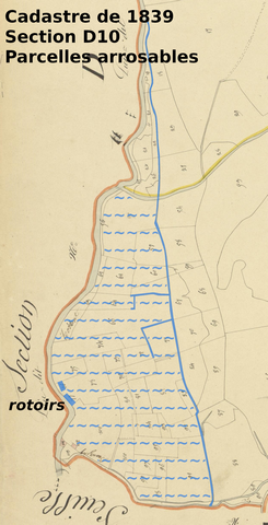 La Ribière. Canal d'irrigation et parcelles arrosables, sur le cadastre de 1839 (section D10). Echelle d'origine 1/2 000e.