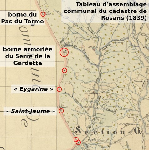 Localisation des bornes étudiées sur le tableau d'assemblage du cadastre de Rosans (1839). Echelle d'origine 1/20 000e.