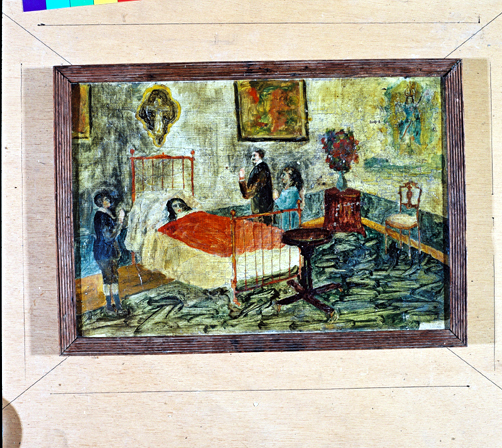 ex-voto, tableau : Demande de guérison d'une femme, couchée sous un édredon rouge