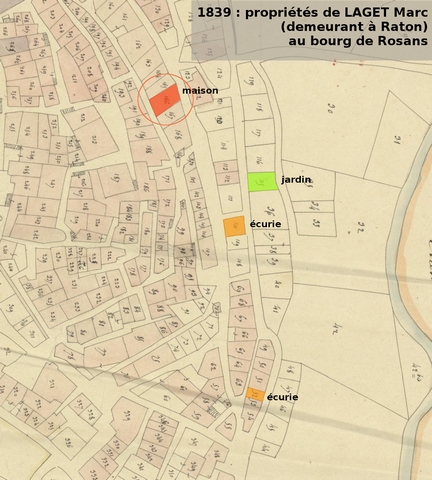 Propriétés de Marc Laget en 1839, d'après le plan cadastral de 1839, section F1. Echelle d'origine 1/1000e.