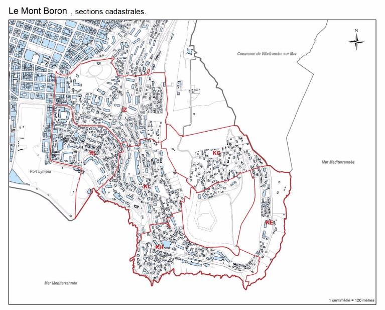 Carte des secteurs cadastraux du quartier du Mont-Boron, 2017.