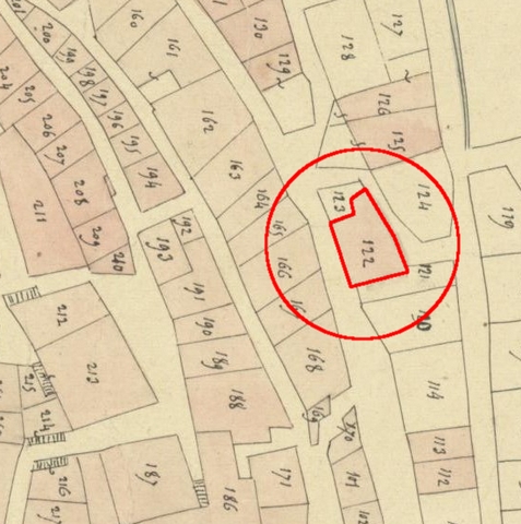 Plan de masse d'après le plan cadastral de 1839, section F1. Echelle d'origine 1/1000e.