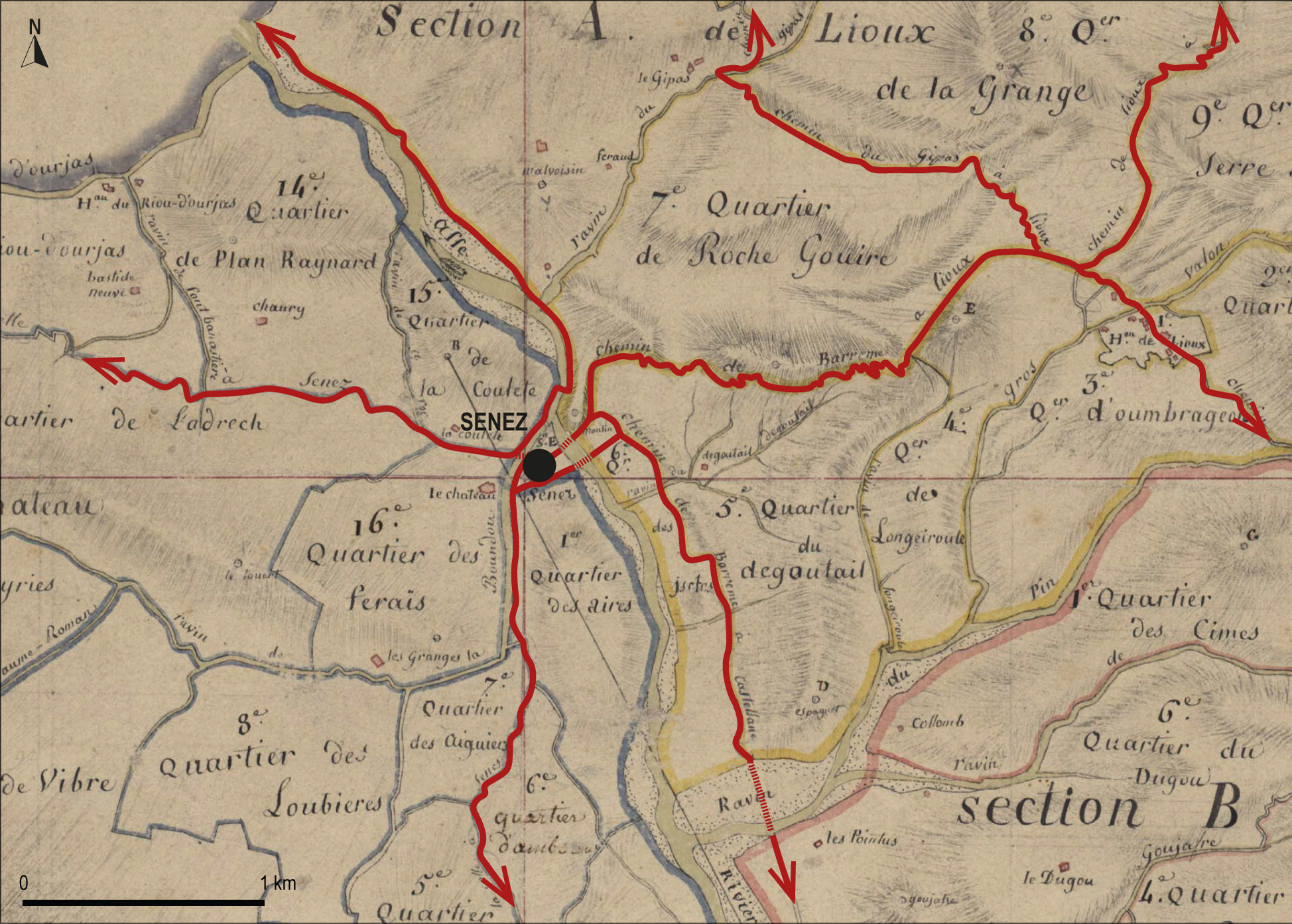 Le village de Senez est situé au centre de son territoire utile et relié à ce dernier par un réseau viaire radial, tel que le montre cette illustration réalisée à partir du tableau d'assemblage du cadastre de 1811.