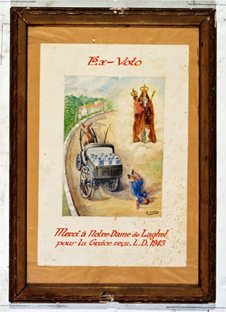 ex-voto, tableau : Chute d'une femme tombant d'un camion de lait hippomobile