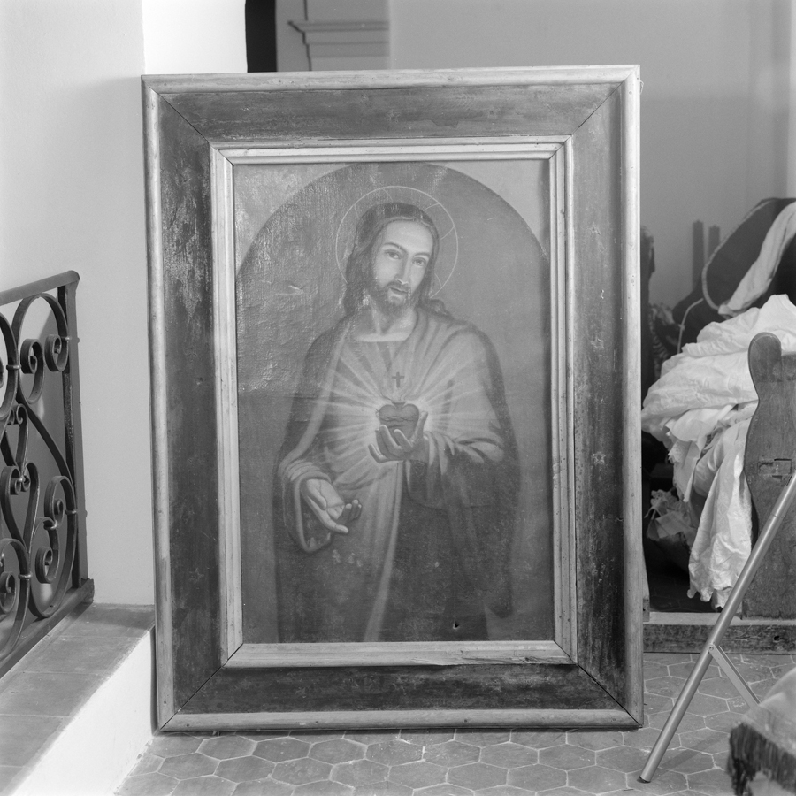 ensemble de 3 tableaux : Vierge du rosaire, Vie active de la Vierge (?), Sacré-Coeur de Jésus