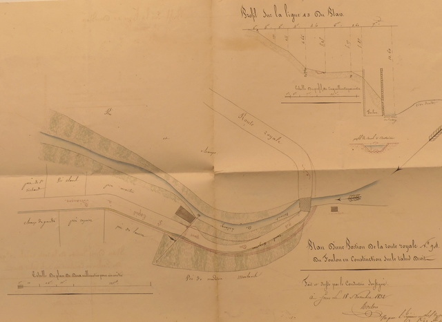 [Plan de situation du moulin à foulon en construction (nord à droite), 1832. Echelle d'origine 1/500e.]