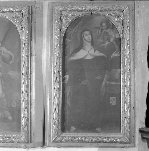 ensemble de 4 tableaux et de 4 cadres : Sainte Catherine d'Alexandrie, La Transverbération de sainte Thérèse, Saint apôtre, Saint