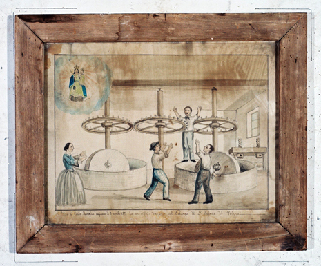 ex-voto, tableau : Homme blessé par les roues d'engrenage d'un moulin, Carlo Moraglia