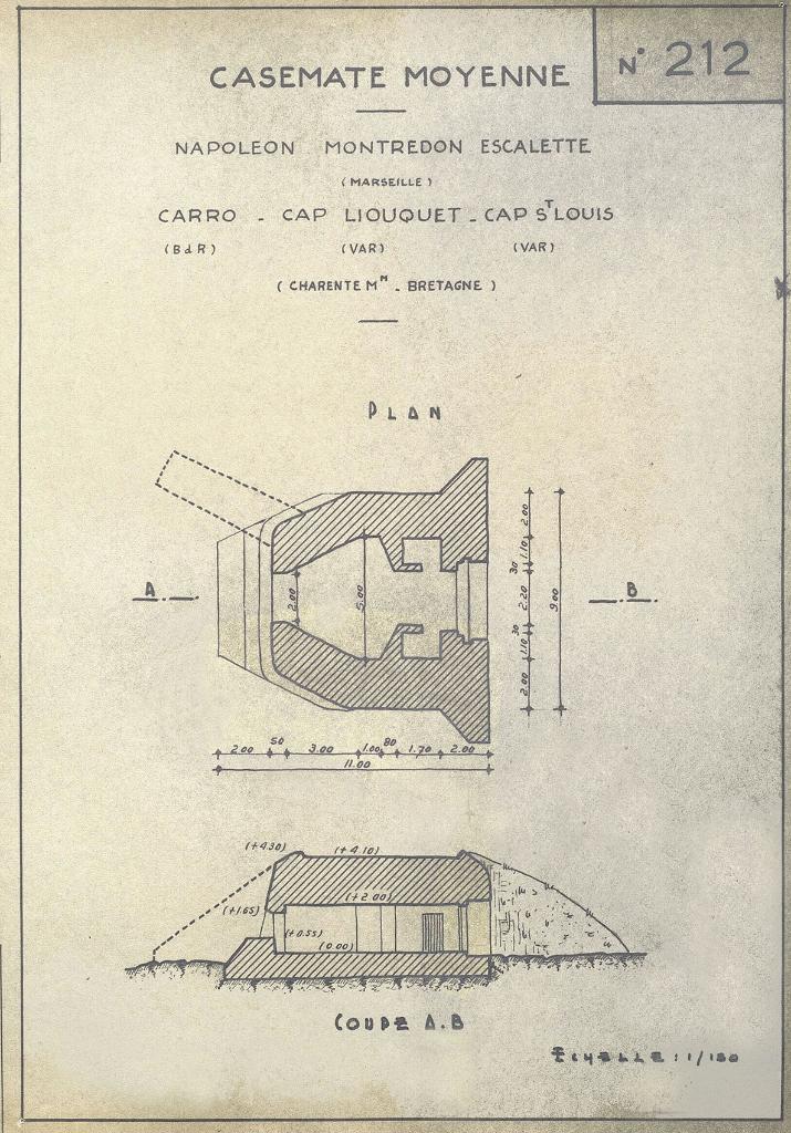 [Plan et coupe d'une des casemates de flanquement (Regelbau 612) des batteries de Montredon, de l'Escalette-Bas et de la position de Bonnieu],1946.