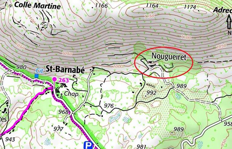 Localisation des fermes de Nougueiret sur la carte IGN de 2023. Echelle d'origine 1/25 000e.