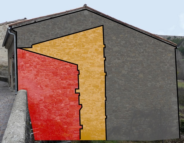 Pignon sud, avec surcharge de couleurs montrant l'état antérieur du bâtiment.