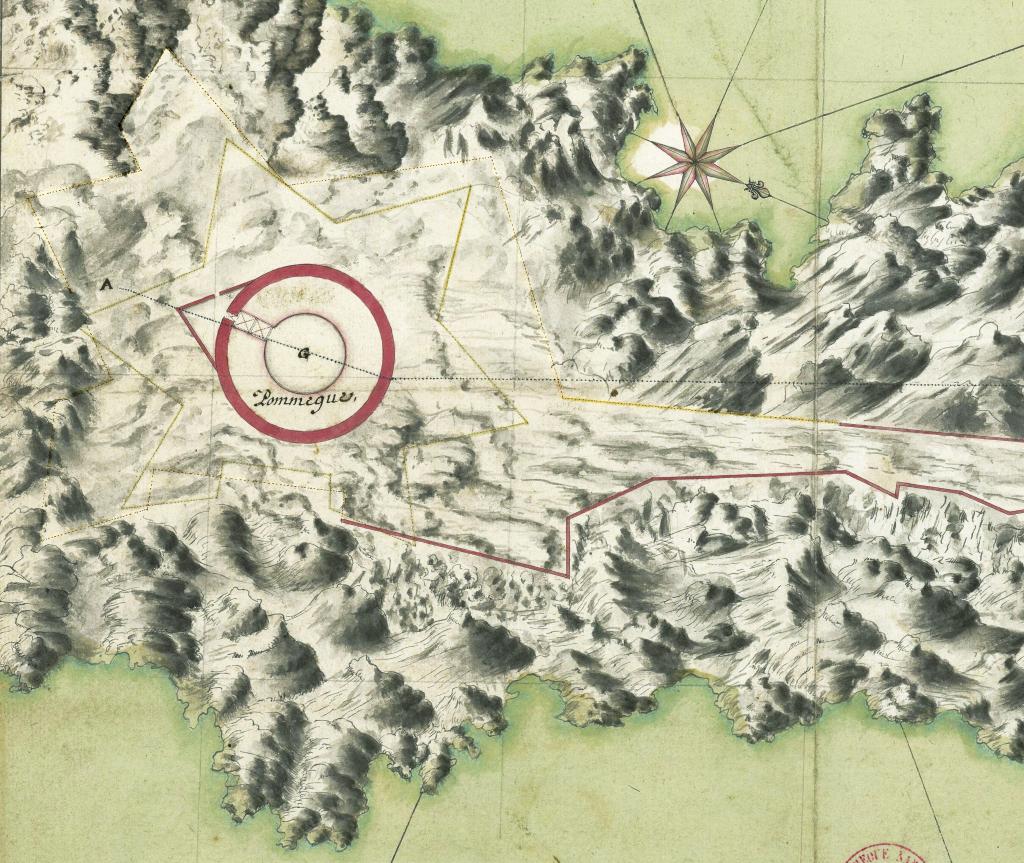 [Planche de plan et profil du fort de Pomègues], c. 1680. Détail : Plan de la tour de Pomègues avec projet d'enceinte.