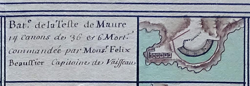 Plan des batteries de canons & de mortiers faites le long des costes de Marseille & des Isles [...] pour la deffense de la Ville & de ses environs, 1695.. 1695. Détail : batterie de la Teste de Maure (du Pharo).
