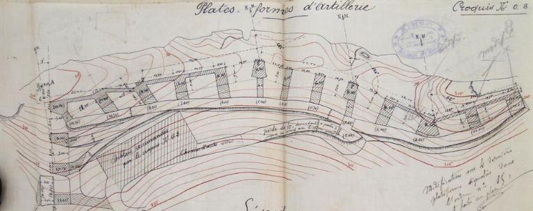 Plates-Formes d'artillerie. [Ouvrage de la pointe ouest du Cerveau, croquis d'exécution pour déroctage des plates-formes], octobre 1889.