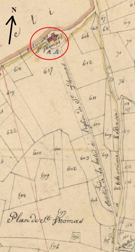 Plan de masse et de situation d'après le cadastre napoléonien de 1827 (section D1, parcelles 615, 616).