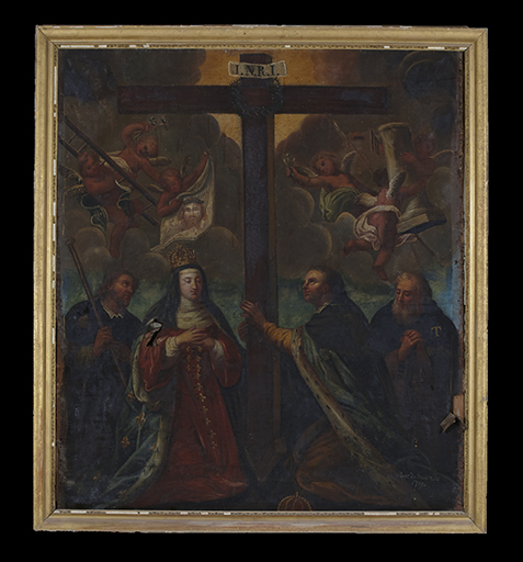 Tableau, cadre : saint Jacques, Radegonde, Clotaire (?) et saint Antoine abbé au pied de la croix