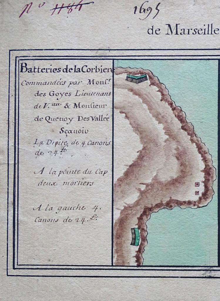 Plan des batteries de canons & de mortiers faites le long des costes de Marseille & des Isles [...] pour la deffense de la Ville & de ses environs, 1695. Détail : la batterie de Corbière.