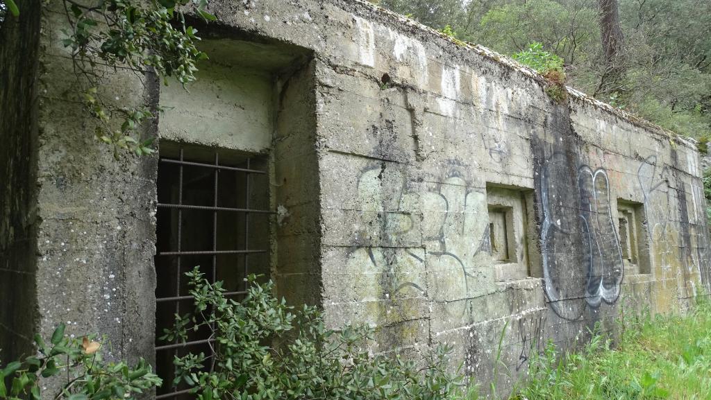 Verrou de Ners,  côté sud de la route : abri de personnel crénelé, détail de lafaçade : porte latérale et créneaux en trémie