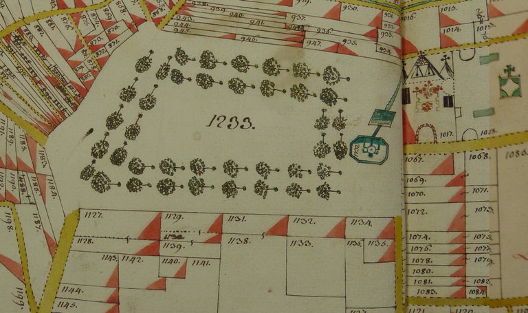 Plans visuels de la terre et seigneurie du Bourg de Ribiers, 1755. Plan 7. Détail de la place de la fontaine.