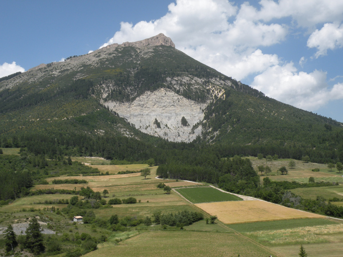 Terres agricoles au nord du village de Vergons. Au fond, le Pic de Chamatte.