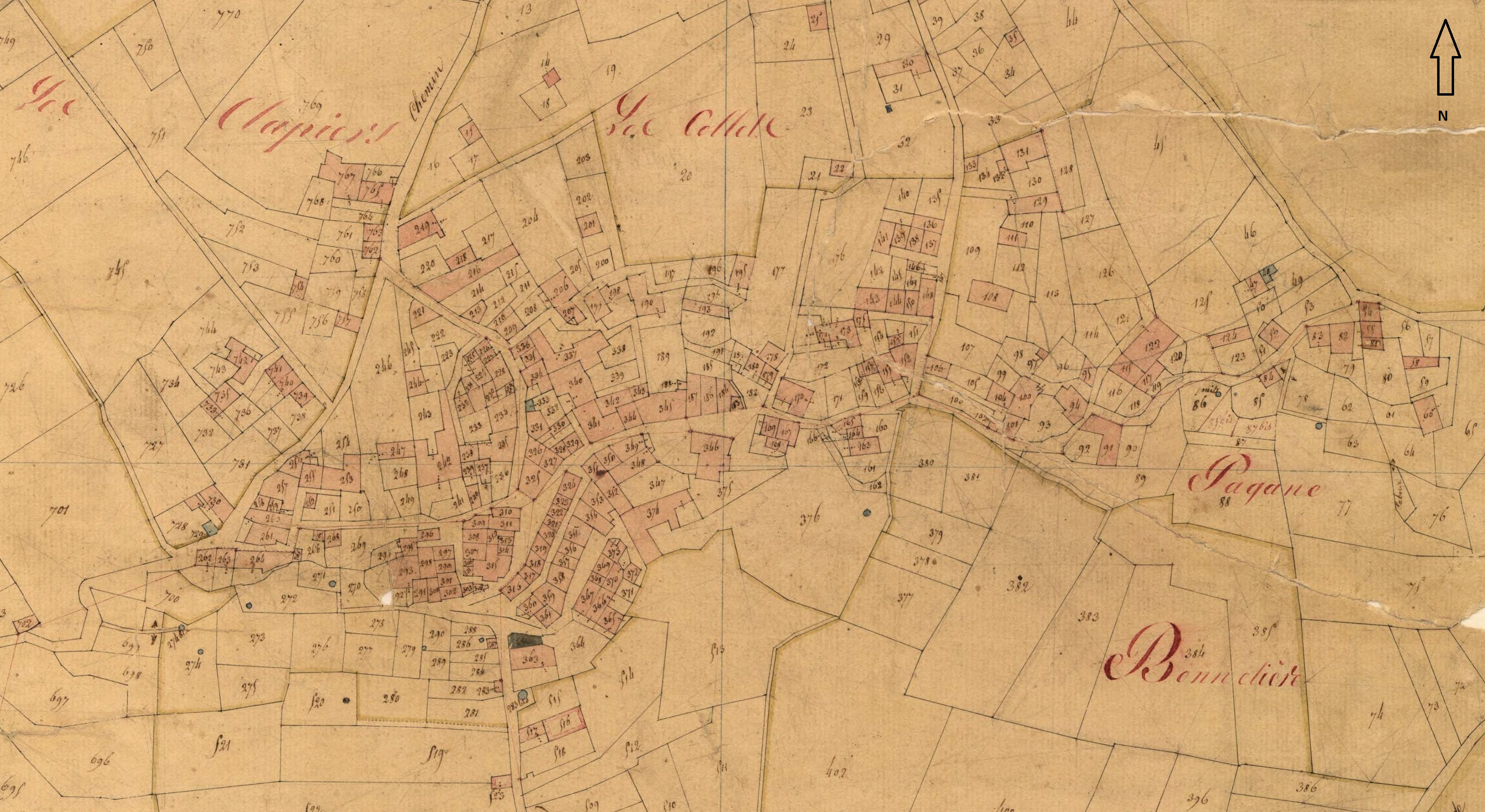 Plan de masse et de situation du village de La Gaude, partie de la Haute-Gaude, d'après le cadastre de 1834, section D. 