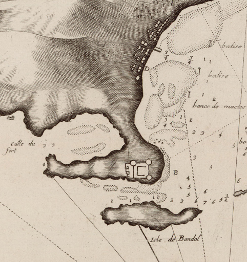 Plan de la baye de Bandol en Provence 1736. Détail.