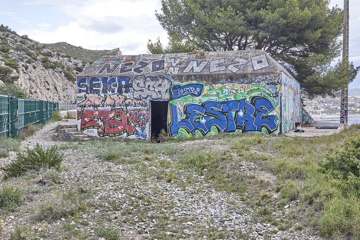 Vue extérieure de la casemate de flanquement isolée type 612, mur de gorge et porte
