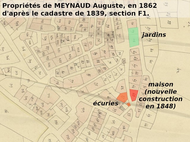 Propriétés de Auguste Meynaud en 1862, d'après le plan cadastral de 1839, section F1. Echelle d'origine 1/1000e.