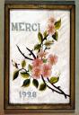 ex-voto, tableau de broderie : Remerciements, branches de fleurs roses