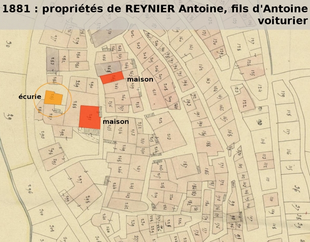 Propriétés du voiturier Antoine Reynier (fils d'Antoine) en 1881, d'après le plan cadastral de 1839, section F1. Echelle d'origine 1/1000e.