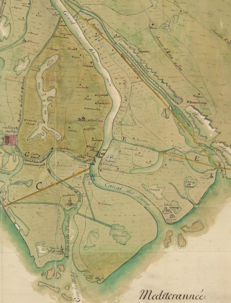 Carte du territoire de la ville d'Arles, 1760. Détail des débouchés du Rhône avec les tours.