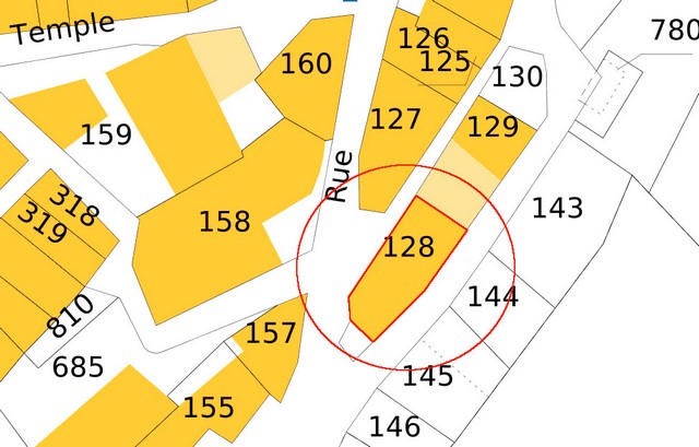 Plan de masse d'après le cadastre de 2021, section 000F. Echelle d'origine 1/500e.