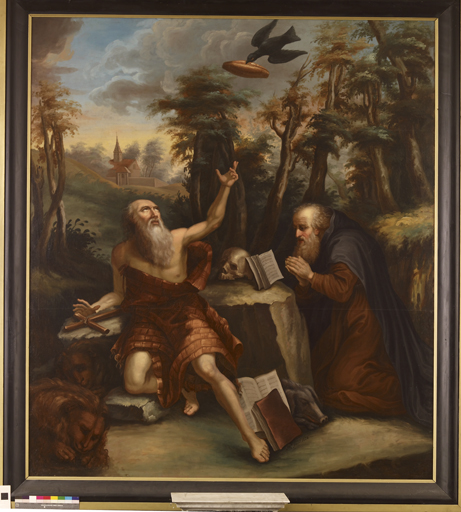 tableau d'autel : Visite de saint Antoine à saint Paul ermite