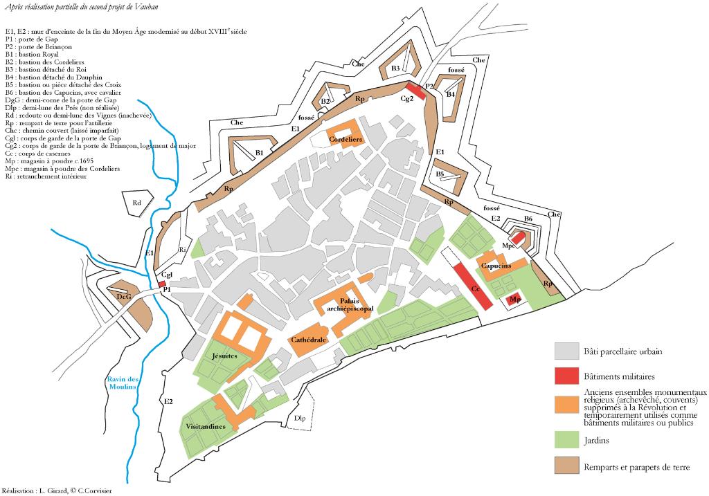 Embrun, plan interprétatif de la place forte vers 1730, après réalisation du second projet de Vauban, mis à l'échelle sur fond de plan géométrique actuel, 2021.