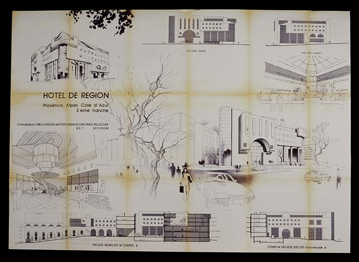 Hôtel de région Provence Alpes Côte d'Azur 2eme tranche. Concepteurs : Meillassoux. Baptiste. Bernasconi. Para. Pellecuer. B.E.T. : BETEREM [Dessins et élévations. Vers 1987. Projet non retenu.]