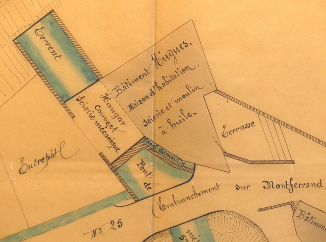 [La scierie et le moulin à huile Hugues sur un plan de 1908. Pas d'échelle d'origine.]