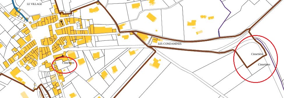 Emplacements de l'ancien et du nouveau cimetière (section D parcelle 56 et section ZA parcelle 86) .