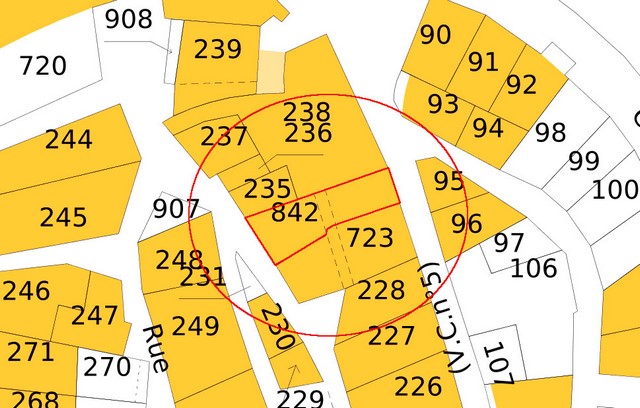 Plan de masse d'après le cadastre de 2021, section 000F. Echelle d'origine 1/500e.