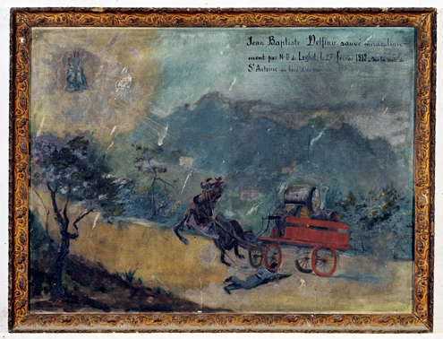 ex-voto, tableau : Charretier sous les roues d'une wagonnette, Jean-Baptiste Delfino