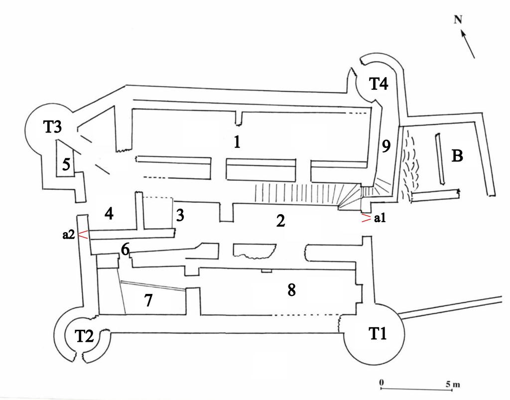 Plan simplifié du château de Bargème. La numérotation des différents espaces renvoie au texte. 