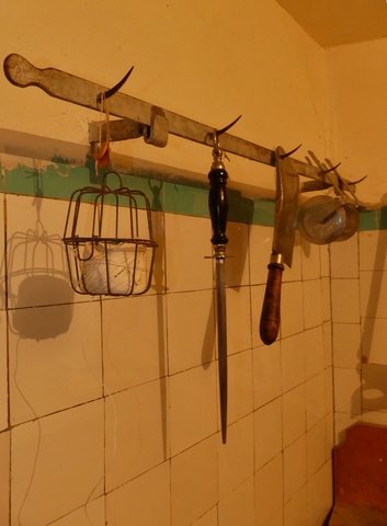 Rez-de-chaussée surélevé, boucherie. Mur ouest, rail de suspension des outils.