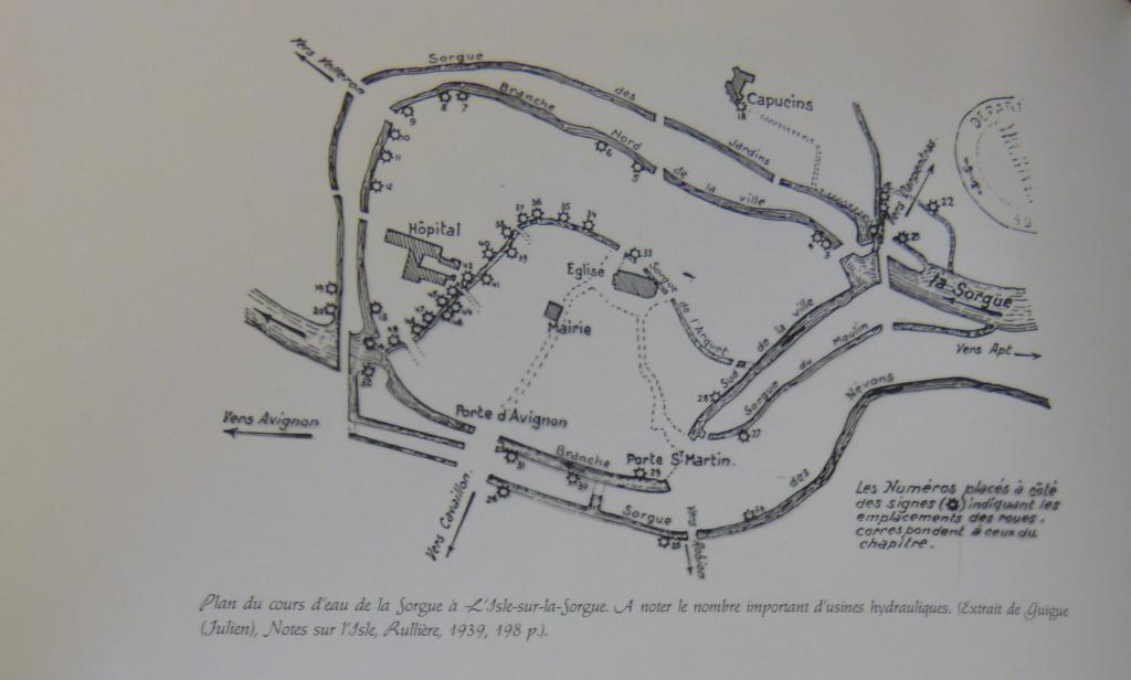 Plan du cours d'eau de la Sorgue avec indication des roues hydraulique en 1939.