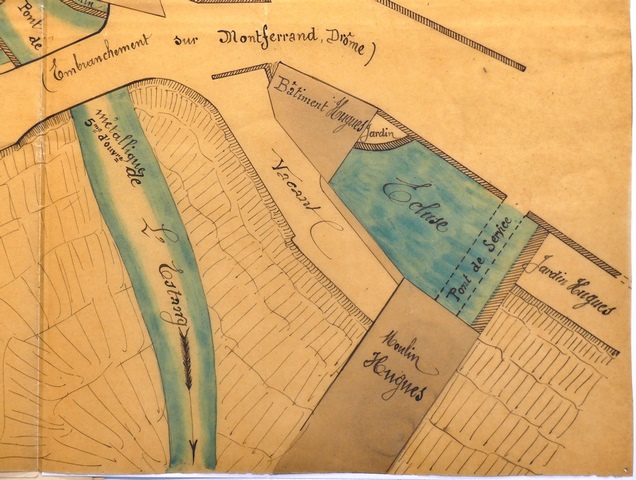 [Le moulin à farine Hugues sur un plan de 1908. Pas d'échelle d'origine.]