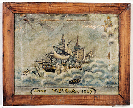 ex-voto, tableau : Bateau sur la mer démontée, une frégate