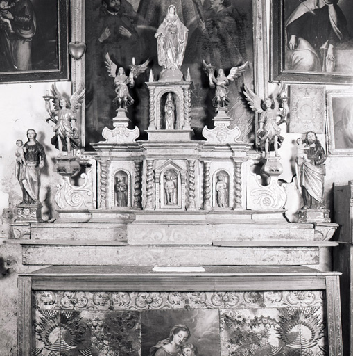 gradins d'autel (2), tabernacle, exposition, statues (6) (tabernacle à ailes et dais d'exposition, tabernacle architecturé)