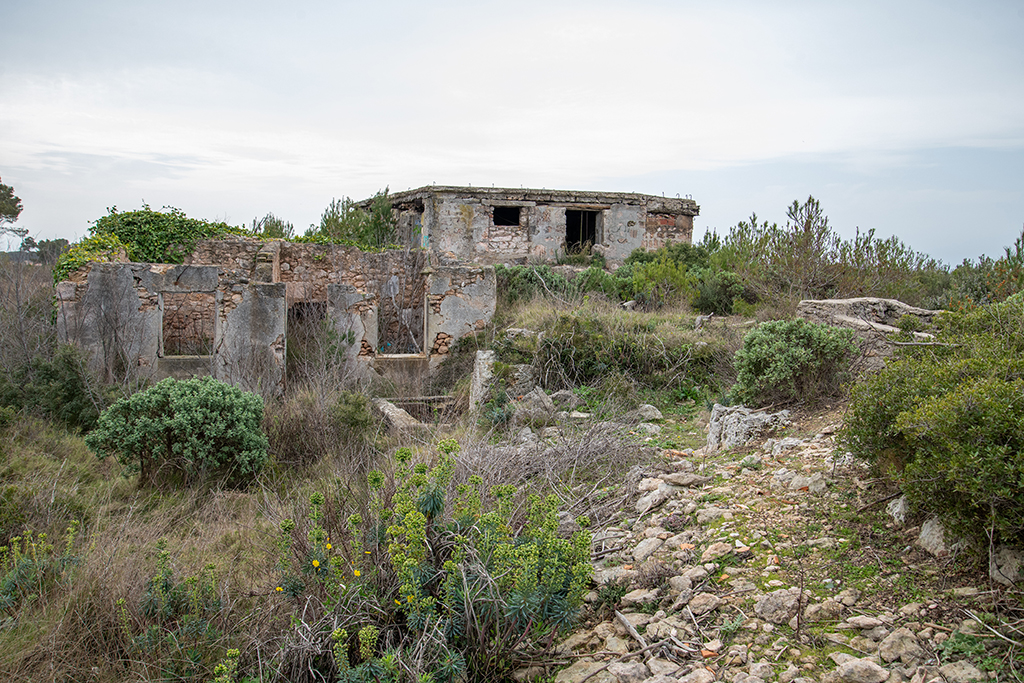 Abords du poste de direction de tir : petit bâtiment logeable avec lavoir et entrée d'un abri semi-enterré