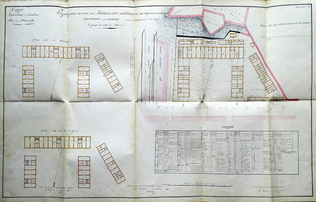 Place de Marseille. [Plans pour] Construire une caserne pour 3 bataillons et un Etat Major], 1857.