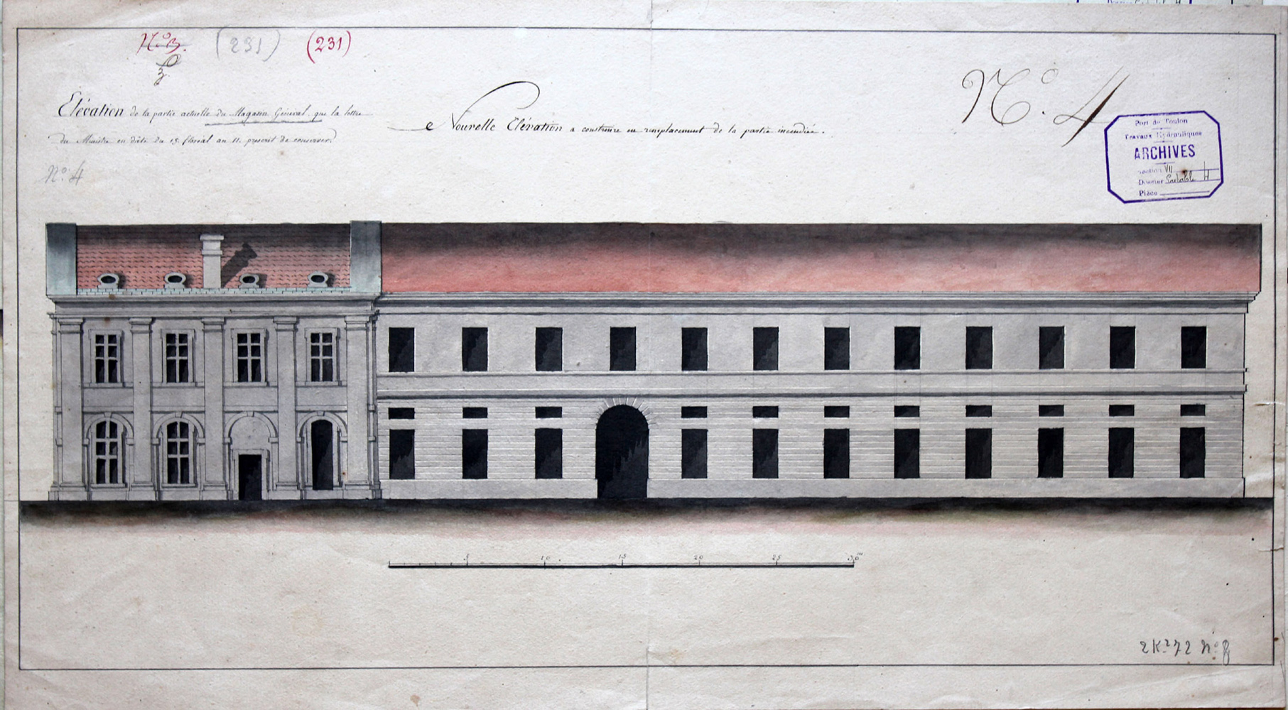 Elévation de la partie actuelle du Magasin général [...] et Nouvelle élévation à construire en remplacement de la partie incendiée. 1803.